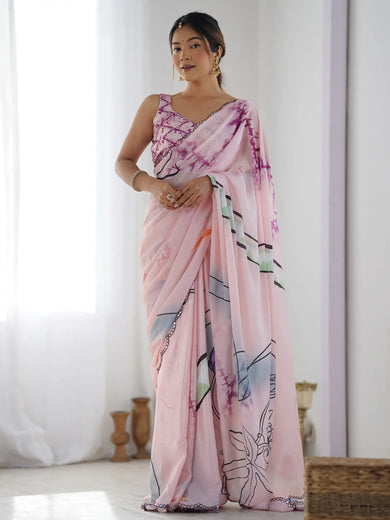 Wonderful Pink Digital Printed Chinon Office Wear Saree With Blouse